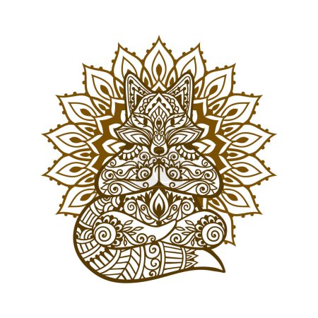 Téléchargez les illustrations : Tête de renard Yoga poseIllustration vectorielle. Fleur Dessin ethnique. Renard décoratif animal dans le style boho zen. Boho, hippie pour la décoration - en licence libre de droit