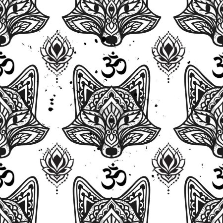 Illustration for Fox mandala ornament Om sign. Vector pattern illustration. Flower Ethnic drawing. Fox animal nature in Zen boho style. Coloring page black and white - Royalty Free Image