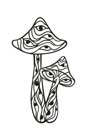 Illustration for Magic Mushrooms. Psychedelic poster. Vector illustration. Zen art. Decorative mushrooms, hippie, psilocybin. 60s 70s Coloring book page - Royalty Free Image