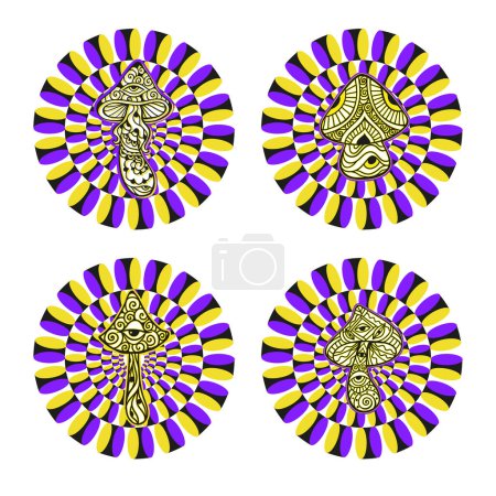 Ilustración de Ilusión óptica patrón sin costura con setas. Arte óptico hipnótico visual en movimiento. Ilustración vectorial. Estilo hippie decorativo, alucinación, psilocibina. 60, 70 años - Imagen libre de derechos