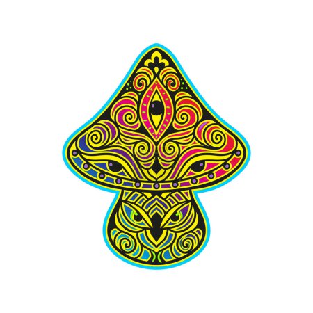 Illustration for Magic Mushrooms. psychedelic Vector illustration. Zen art. Decorative neon mushrooms, hippie, hallucination psilocybin 60s 70s - Royalty Free Image