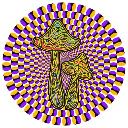 Illustration for Psychedelic Magic Mushrooms Optical illusion. Vector illustration. Rounded color, Decorative mushrooms, hippie, hallucination, psilocybin 60s 70s neon - Royalty Free Image