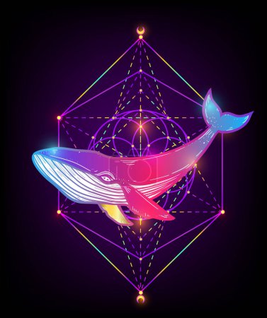 Illustration for Whale hand drawn Vector illustration. Spiritual, Sacred geometry, humpback whale. Sketch Ink, Underwater world, Marine life. Psychedelic - Royalty Free Image