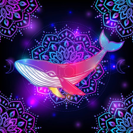 Illustration for Whale mandala psychedelic. Vector illustration. Colorful Psychedelic art. Whale sea animal in Zen boho style. Hippie, hallucination. Space cosmic mystical pattern - Royalty Free Image