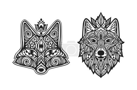 Illustration for Wolf mandala Fox. Vector illustration. Adult coloring page. Spiritual Animal in Zen boho style. Sacred, Peaceful. Tattoo tribal print. Black and white - Royalty Free Image
