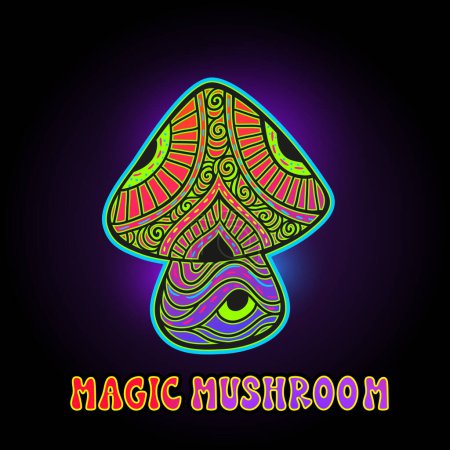 Illustration for Magic Mushrooms. Psychedelic poster.Vector illustration. Zen art. Decorative mushrooms, hippie, hallucination psilocybin 60s 70s - Royalty Free Image