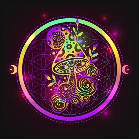 Zauberpilze. Psychedelische Poster.Vektorillustration. Zen-Boho-Kunst. Dekorative Pilze, Hippie, Neon, Halluzination Psilocybin 60er 70er Jahre