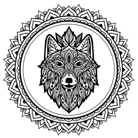 Illustration for Wolf mandala. Vector illustration. Adult coloring page. Wild Animal in Zen boho style. Sacred, Peaceful. Tattoo print ornaments. Black and white - Royalty Free Image