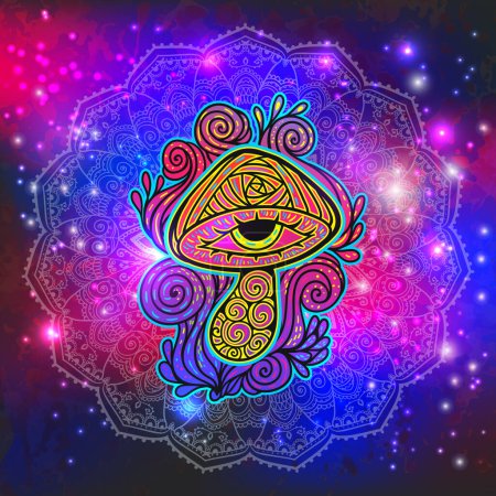 Illustration for Magic Mushrooms. Psychedelic poster.Vector illustration. Zen boho art. Space, Galaxy, Mystic background. Decorative mushrooms, hippie, neon hallucination psilocybin 60s 70s - Royalty Free Image