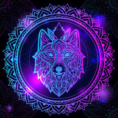 Illustration for Wolf mandala. Vector illustration. Adult coloring page. Spiritual Animal in Zen boho style. Psychedelic mystical print - Royalty Free Image