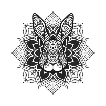 Illustration for Rabbit head mandala. Vector illustration. Adult coloring page. Hare Animal in Zen boho style. Sacred, Peaceful. Tattoo print ornaments. Black and white - Royalty Free Image