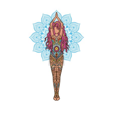 Illustration for Yoga Girl with Mandala. Ornamental feminine Lotus meditation. Vector illustration on ethnic style. International yoga day card. Pose woman - Royalty Free Image