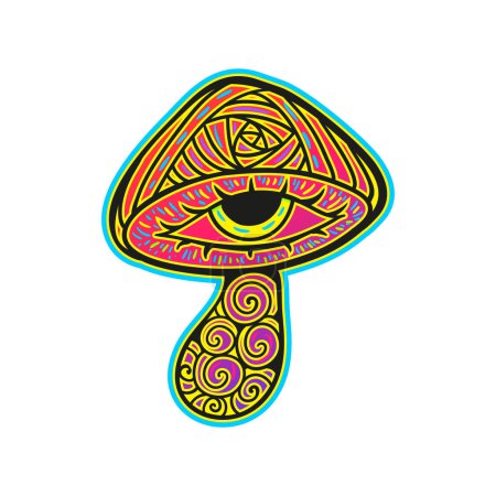 Illustration for Psychedelic Magic Mushrooms. Vector illustration neon. Zen art. Decorative mushrooms, hippie, hallucination psilocybin 60s 70s - Royalty Free Image