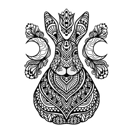 Illustration for Rabbit mandala. Vector illustration. Adult coloring page. Hare Animal in Zen boho style. Sacred, Peaceful. Tattoo print ornaments. Black and white - Royalty Free Image
