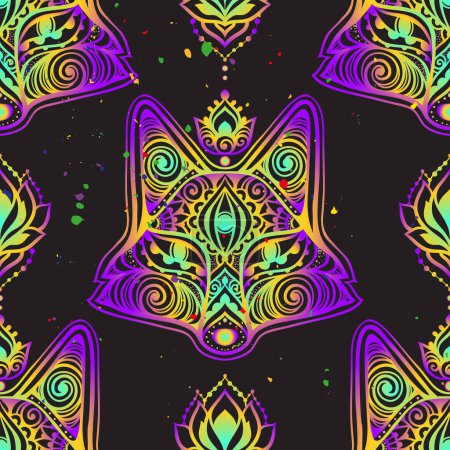 Illustration for Fox mandala head psychedelic. Vector pattern. Colorful Ethnic drawing. Fox animal in Zen boho style. For party hippie, hallucination psilocybin 60s, 70s - Royalty Free Image