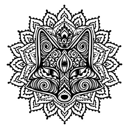 Téléchargez les illustrations : Tête de renard sur Mandala. Illustration vectorielle. Fleur Dessin ethnique. Renard décoratif animal dans le style boho zen. Boho, hippie pour la décoration - en licence libre de droit
