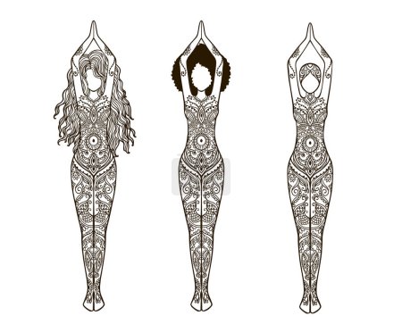 Ilustración de Conjunto de Yoga Chica con Mandala. Meditación ornamental femenina de Loto. Ilustración vectorial sobre el estilo étnico. Tarjeta de día internacional de yoga. Mujer de la postura - Imagen libre de derechos