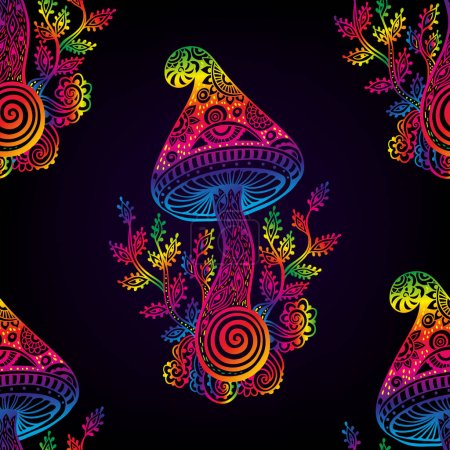 Illustration for Magic Mushrooms. psychedelic pattern. Vector illustration. Zen Boho art. Decorative mushrooms, hippie, hallucination psilocybin 60s 70s - Royalty Free Image