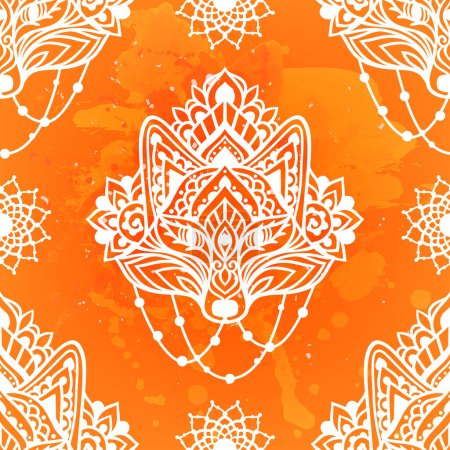 Téléchargez les illustrations : Tête de renard Mandala modèle. Illustration vectorielle. Fleur Dessin ethnique. Renard décoratif animal dans le style boho zen. Boho, hippie pour la décoration - en licence libre de droit