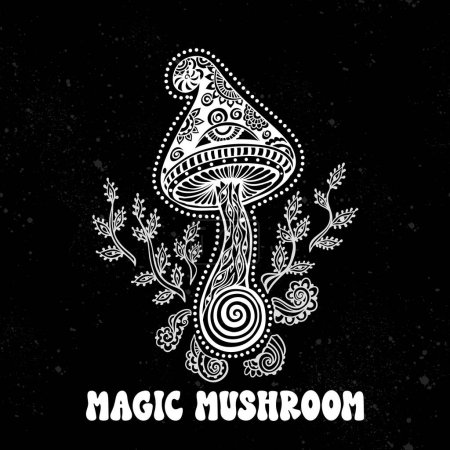 Illustration for Magic Mushrooms. psychedelic black. Vector illustration. Zen Boho art. Decorative mushrooms, hippie, hallucination psilocybin 60s 70s - Royalty Free Image