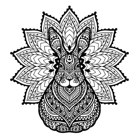 Téléchargez les illustrations : Mandala de lapin. Illustration vectorielle. Coloriage adulte. Lièvre Animal dans le style boho zen. Sacré, pacifique. Ornements d'impression de tatouage. Noir et blanc - en licence libre de droit