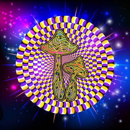Illustration for Magic Mushrooms hallucination. Vector illustration. Mushrooms hippie psychedelic style. Decorative mushrooms, esoteric objects.60s, 70s Optical illusion, Moving visual hypnotic optic art. - Royalty Free Image