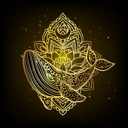 Ilustración de Mandala ballena de loto de oro. Ilustración vectorial. Página para colorear para adultos. Animal marino ballena en estilo Zen boho. Marines pacíficos. Arte místico y espiritual - Imagen libre de derechos