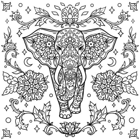 Ilustración de Mandala de elefantes. Ilustración vectorial animal. Libro para colorear para adultos o niños página en estilo Zen boho. Dibujo pacífico antiestrés. Blanco y negro - Imagen libre de derechos