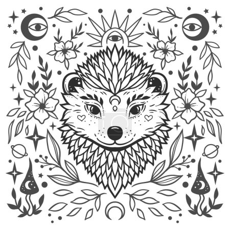 Illustration for Hedgehog mandala. Animal Vector illustration. Adult or kids coloring book page in Zen boho style. Antistress Peaceful drawing. Black and white - Royalty Free Image