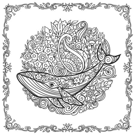 Illustration for Whale mandala. Animal Vector illustration. Adult or kids coloring book page in Zen boho style. Antistress Peaceful drawing. Black and white - Royalty Free Image