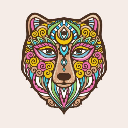 Téléchargez les illustrations : Mandala ours rétro. Illustration vectorielle. Fleur Dessin ethnique. Ours animal nature dans le style boho zen. Coloriage, style hippie - en licence libre de droit