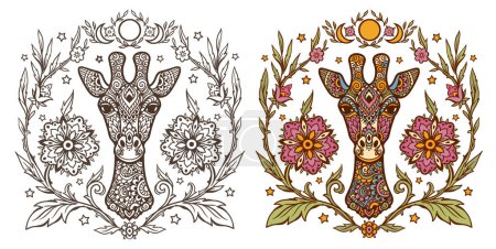 Ilustración de Mandala jirafa. Ilustración vectorial animal. Libro para colorear para adultos o niños página en estilo Zen boho. Dibujo pacífico antiestrés. Blanco y negro - Imagen libre de derechos