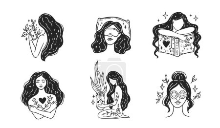 Illustration for Set Self care, love yourself, mindful. Feminine vector Illustrations. Mental Healthcare. Meditation and relaxation for health. Doodle cute style - Royalty Free Image