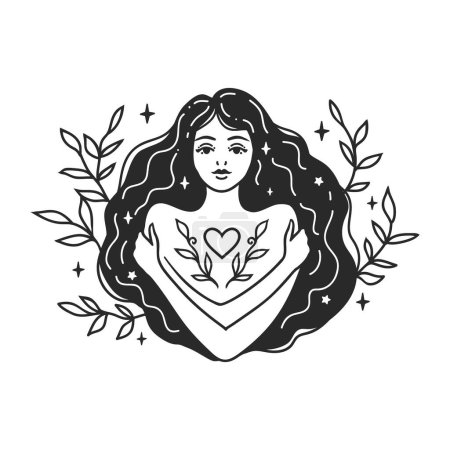 Illustration for Self care, love yourself health mindful. Feminine vector Illustrations. The woman hugs her shoulders. Card, valentines card. Doodle style - Royalty Free Image