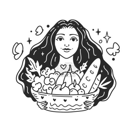 Illustration for Young women with Healthy foods concept Vegan and Vegetarian. Self care, love yourself. Feminine vector Illustrations. Mental Healthcare. Doodle lineart style - Royalty Free Image