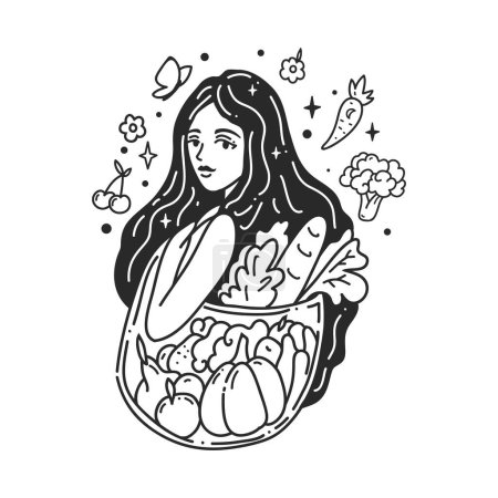 Illustration for Young women with Healthy foods concept Vegan and Vegetarian. Self care, love yourself. Feminine vector Illustrations. Mental Healthcare. Doodle lineart style - Royalty Free Image