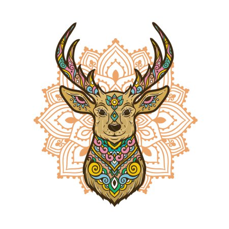 Téléchargez les illustrations : Mandala de cerf. Illustration vectorielle animalière Fleur ornementale de style boho zen. Dessin magique rétro - en licence libre de droit