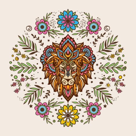 Illustration for Lion mandala retro. Vector illustration. Flower Ethnic drawing. Leo animal nature in Zen boho style. Coloring page, hippie style - Royalty Free Image