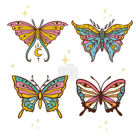Illustration for Butterfly hippie retro. Vector illustration. Flower Power drawing. Animal nature in Zen boho style. 70s 60s Summer Groovy - Royalty Free Image