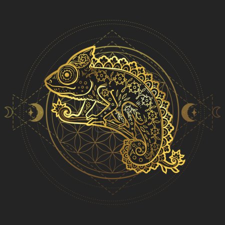Ilustración de Chameleon Golden. Animal Vector illustration Flor ornamental en estilo boho zen. Dibujo Retro Magic con geometría sagrada - Imagen libre de derechos