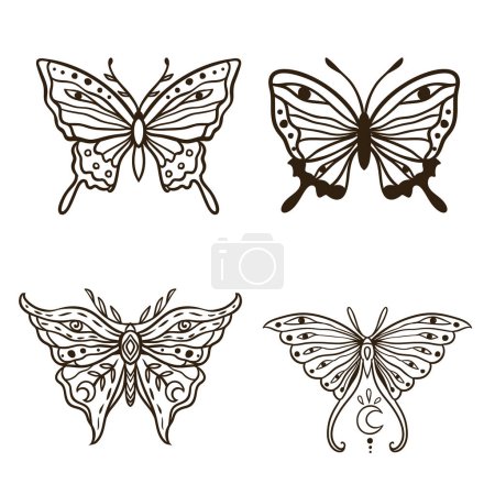 Téléchargez les illustrations : Illustration vectorielle papillon. Tatouage vintage dessiné à la main. Magic Animal nature dans le style boho zen. Noir et blanc - en licence libre de droit