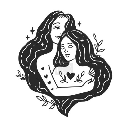 Illustration for Girls hugs. Self care Feminine vector Illustrations. Mental Healthcare. The woman harmony. Card, valentines card, Women Day, Mothers Day. Doodle style - Royalty Free Image