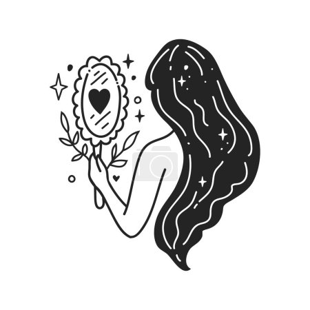 Illustration for Woman looks at her reflection. Supporting yourself. Self care, love yourself. Doodle style - Royalty Free Image
