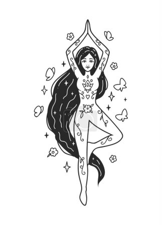 Self care, Meditation girl yoga. Feminine vector Illustrations. Mental Healthcare. The woman happiness. Card, valentines card. Doodle style
