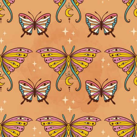Illustration for Butterfly hippie retro. Vector pattern. Flower Power drawing. Animal nature in Zen boho style. 70s 60s Summer Groovy - Royalty Free Image
