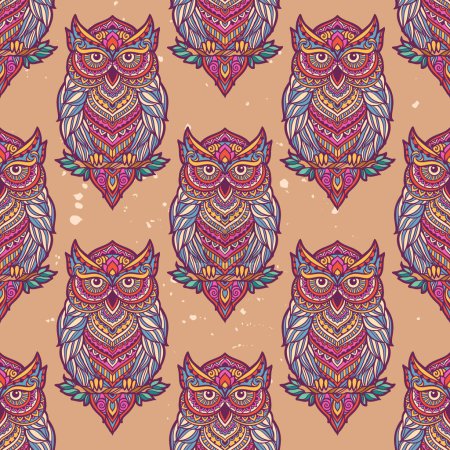 Illustration for Owl mandala pattern retro. Vector illustration. Flower Ethnic drawing. Owl bird animal nature in Zen boho style. Magic hippie style - Royalty Free Image