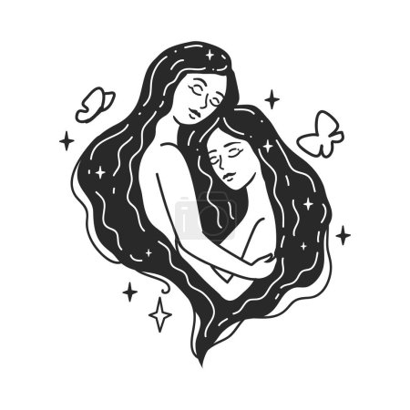 Illustration for Girls hugs. Self care Feminine vector Illustrations. Mental Healthcare. The woman harmony. Card, valentines card, Women Day, Mothers Day. Doodle style - Royalty Free Image