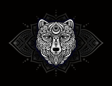 Illustration for Bear mandala ornament. Vector illustration. Flower Ethnic drawing. Bear animal nature in Zen boho style. Coloring page black and white - Royalty Free Image
