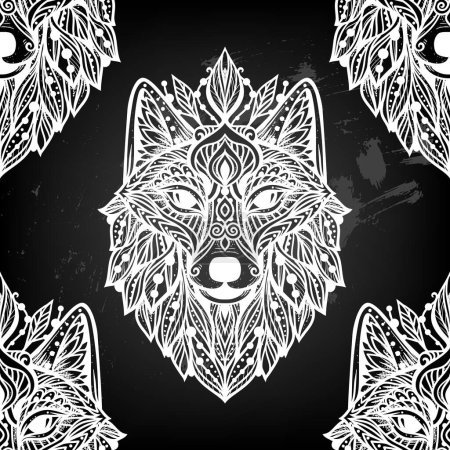 Illustration for Wolf mandala. Vector pattern illustration. Esoteric, Spiritual Wild Animal in Zen boho style. Black and white print - Royalty Free Image