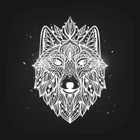 Illustration for Wolf mandala. Vector illustration. Esoteric Sacred geometry. Spiritual Wild Animal in Zen boho style. Black and white print - Royalty Free Image